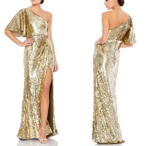 Mac Duggal NEW EMBELLISHED CAP SLEEVE COWL NECK TRUMPET GOWN Gold Size 10